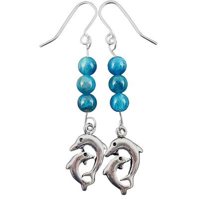 Apatite 6 mm Gemstone Silver Plated Drop Earrings with Dolphin Charm - TK Emporium