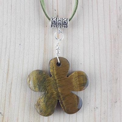 Gold Tiger's Eye Crystal Daisy Flower Necklace on Green Micro Fibre - TK Emporium