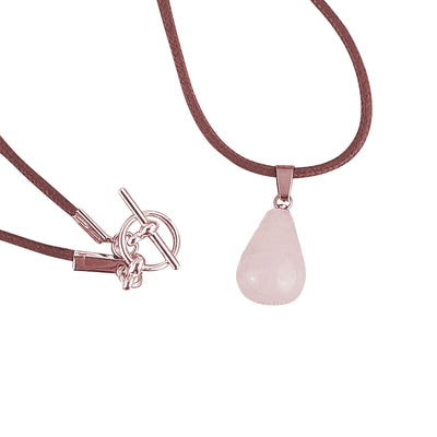 Rose Quartz Pink Chunky Teardrop Crystal Necklace on Brown Cotton Cord - TK Emporium