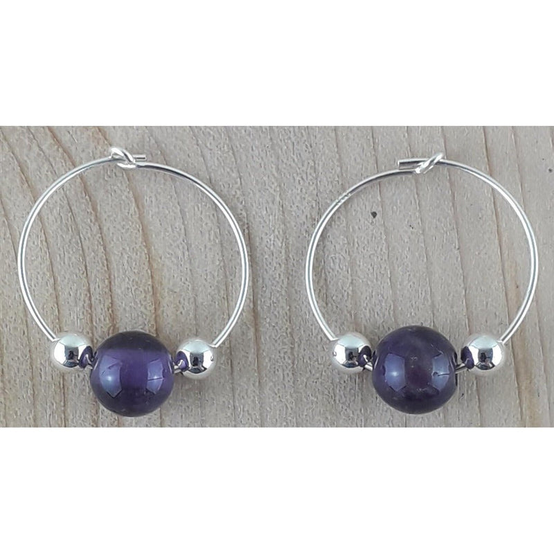 Amethyst Purple 8 mm Gemstone Bead Sterling Silver Hoop Earrings - TK Emporium