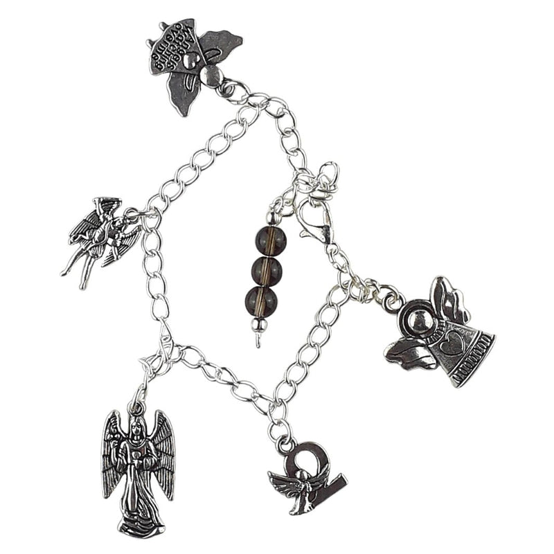 Angel Charm Bracelet with Smoky Quartz Beads - Adjustable Size - TK Emporium