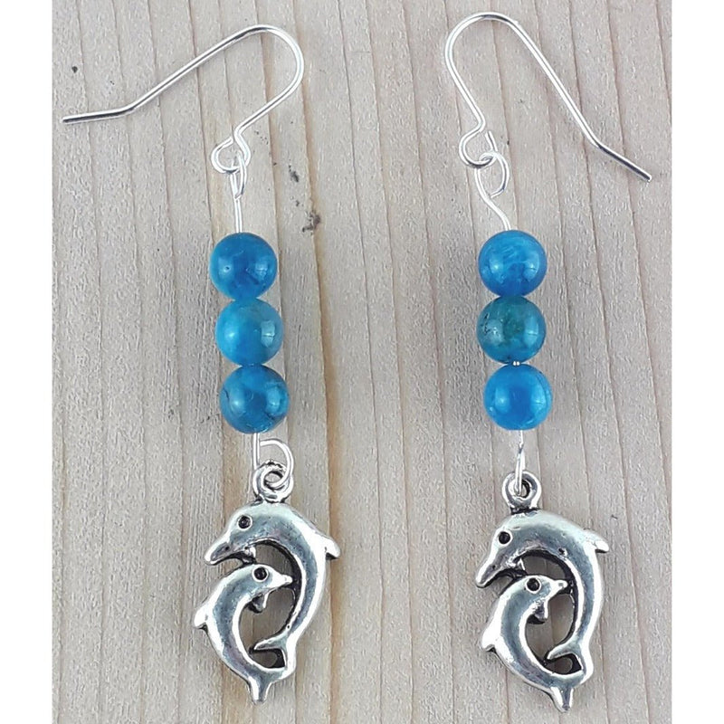 Apatite 6 mm Gemstone Silver Plated Drop Earrings with Dolphin Charm - TK Emporium