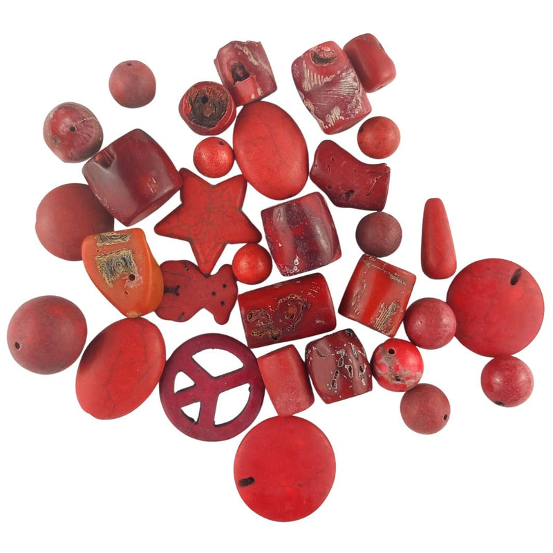 Assorted Pack of Red Gemstone & Bamboo Beads - Various Shapes & Sizes - TK Emporium