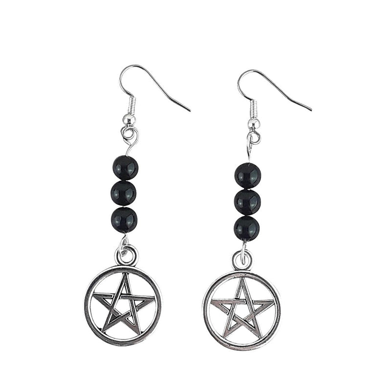 Black Obsidian Crystal Earrings with Pentagram Charm - Choice of Hooks - TK Emporium