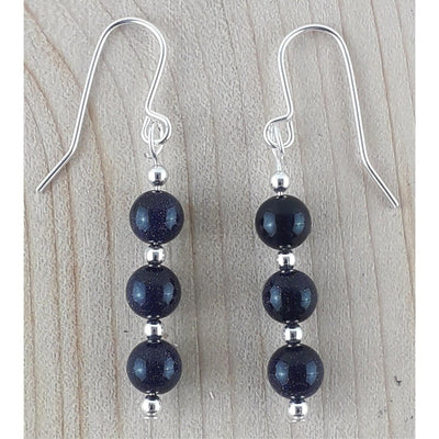Blue Goldstone 6 mm Gemstone Bead Long Drop Earrings - Choice of Hooks - TK Emporium