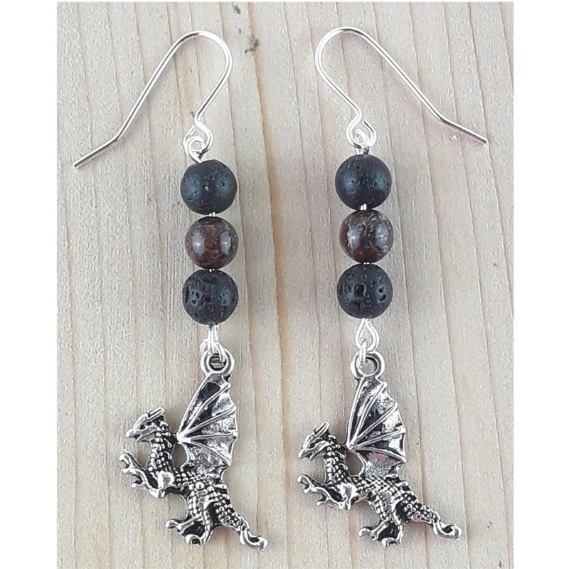 Brecciated Jasper and Lava Dangly Drop Earrings with Dragon Charm - TK Emporium