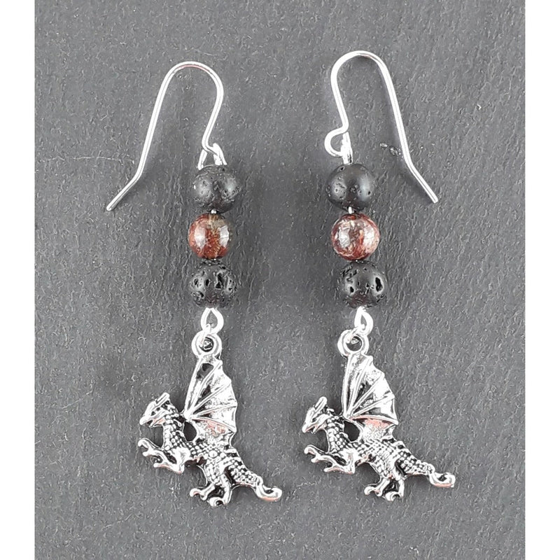 Brecciated Jasper and Lava Dangly Drop Earrings with Dragon Charm - TK Emporium