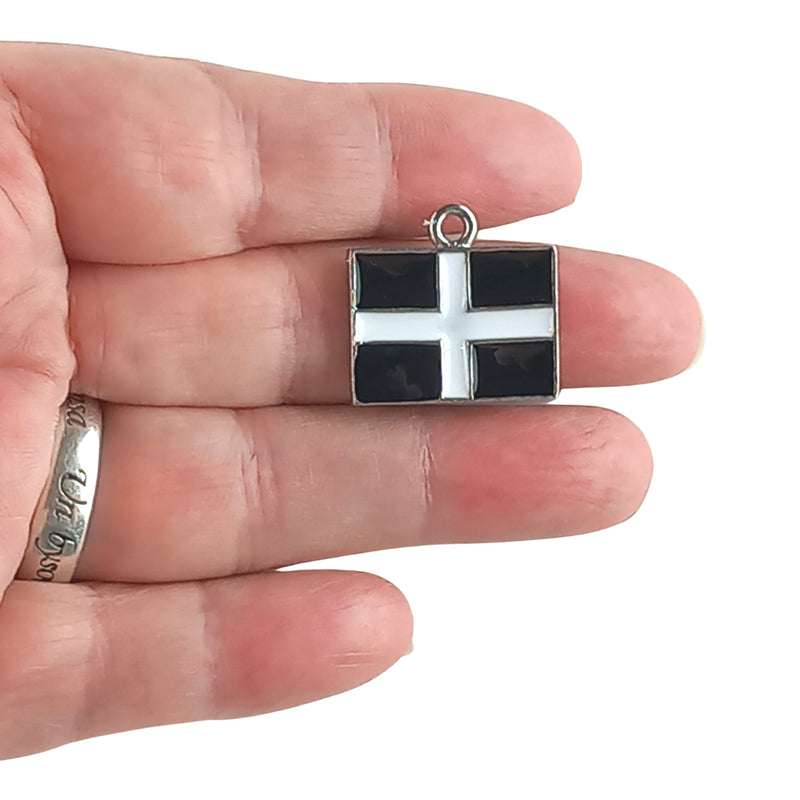 Cornish Kernow St Piran Flag Charm - Silver Tone Black & White Enamel - TK Emporium