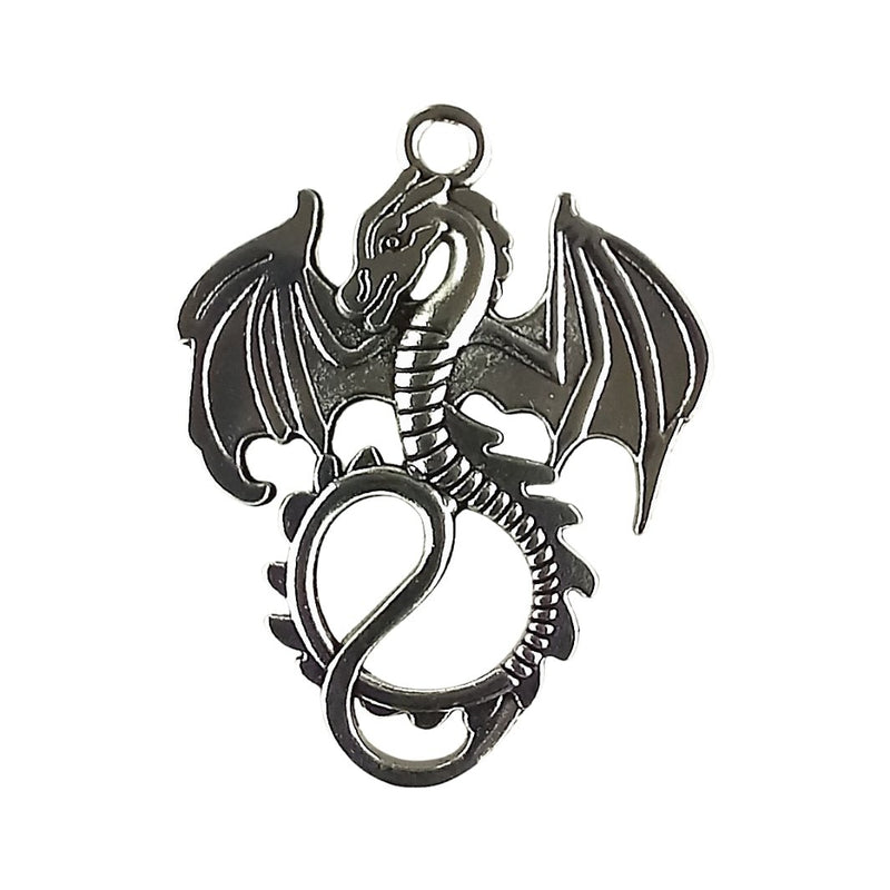 Dragon with Wings Metal Charm - 34 x 27 mm - Antique Silver Tone - TK Emporium