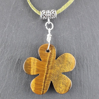 Gold Tiger's Eye Crystal Daisy Flower Necklace on Green Micro Fibre - TK Emporium