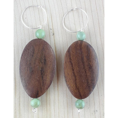 Green Jade 8 mm Beads and Wood Upcycled Sterling Silver Hoop Earrings - TK Emporium