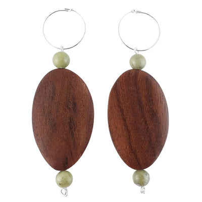 Green Jade 8 mm Beads and Wood Upcycled Sterling Silver Hoop Earrings - TK Emporium