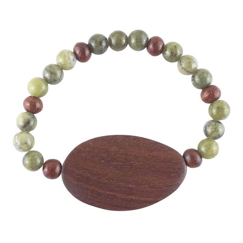 Green Jade 8 mm Beads and Wood Upcycled Stretchy Elastic Bracelet - TK Emporium