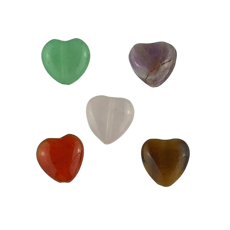 Mixed Pack of 5 Small 12 mm Heart Shape Carved Crystal Gemstone Beads - TK Emporium