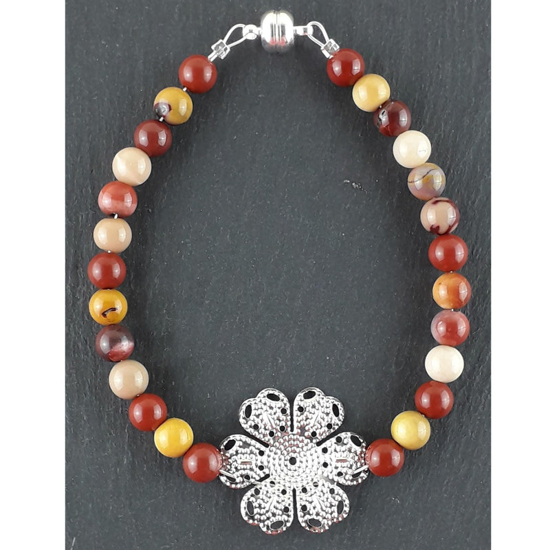 Mookaite 6 mm Gemstone Bead Bracelet with Flower and Magnetic Clasp - TK Emporium
