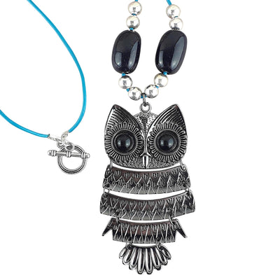 Owl Necklace with Blue Goldstone Crystal Barrel Beads on Leather Cord - TK Emporium