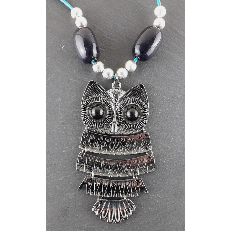 Owl Necklace with Blue Goldstone Crystal Barrel Beads on Leather Cord - TK Emporium