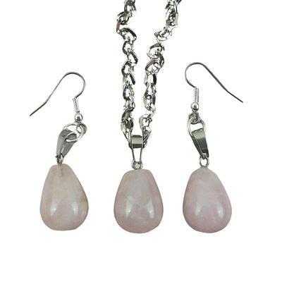 Rose Quartz Crystal Chunky Teardrop Earring and Necklace Jewellery Set - TK Emporium