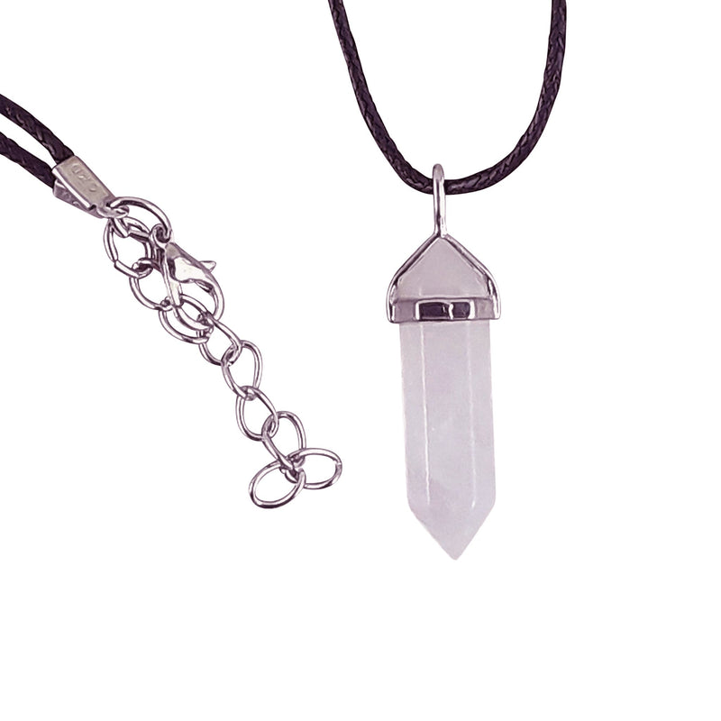 Rose Quartz Pink Pointed Hexagon Wand Crystal Necklace on Black Cord - TK Emporium