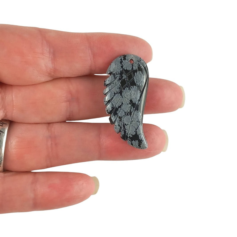 Snowflake Obsidian Carved Feather Shape Gemstone Bead - 1 mm Hole - TK Emporium