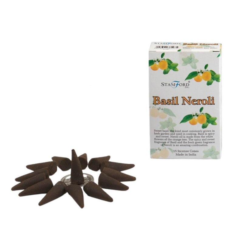 Stamford Basil Neroli Fragrance Incense Cones - Pack of 15 with Stand - TK Emporium