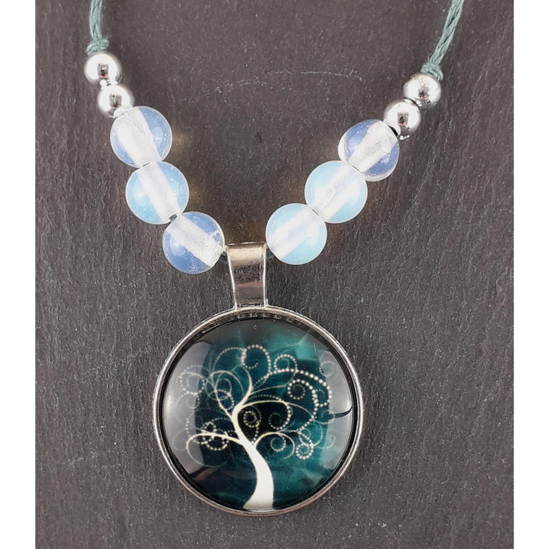 Tree of Life & Opalite 8 mm Crystal Necklace on Teal Colour Hemp Cord - TK Emporium