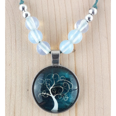 Tree of Life & Opalite 8 mm Crystal Necklace on Teal Colour Hemp Cord - TK Emporium